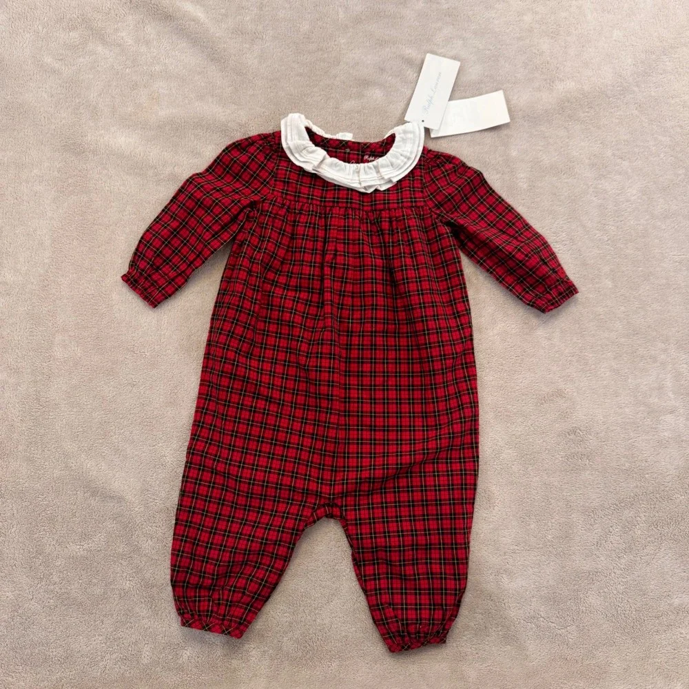 NWT Ralph Lauren Baby Girl Tartan Plaid Holiday Romper Ruffle Christmas Sz 6M